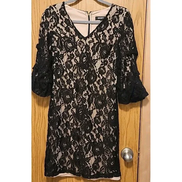 DKNY Black Lace Nude Lined V-Neck Puff 3/4 Sleeve Sheath Dress,Size 2